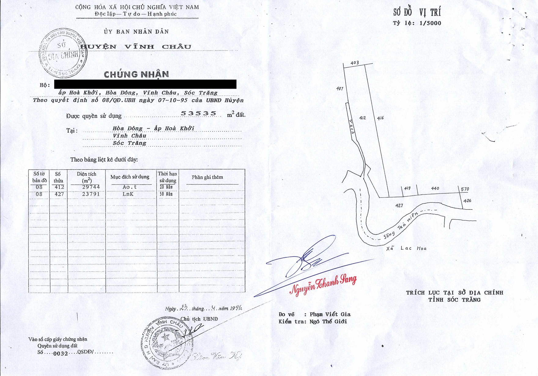 Bán tài sản tại Ấp Hòa Khởi, xã Hòa Đông, thị xã Vĩnh Châu, tỉnh Sóc Trăng