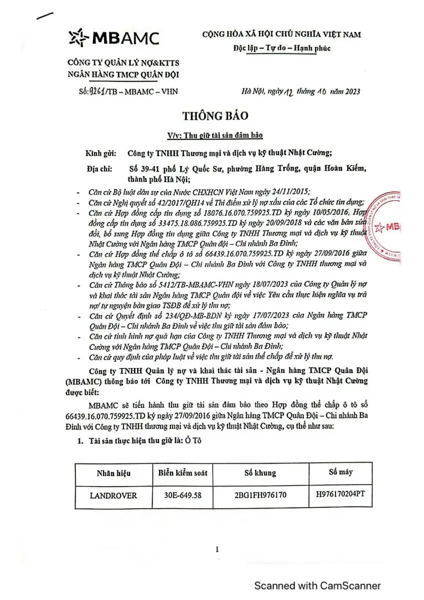 Ảnh chụp văn bản thông báo, trang 1
