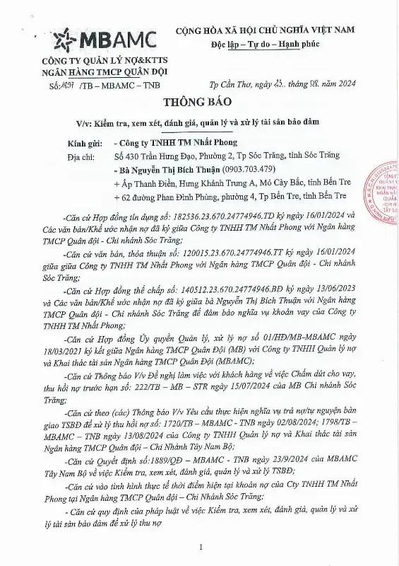 Ảnh chụp văn bản thông báo, trang 1