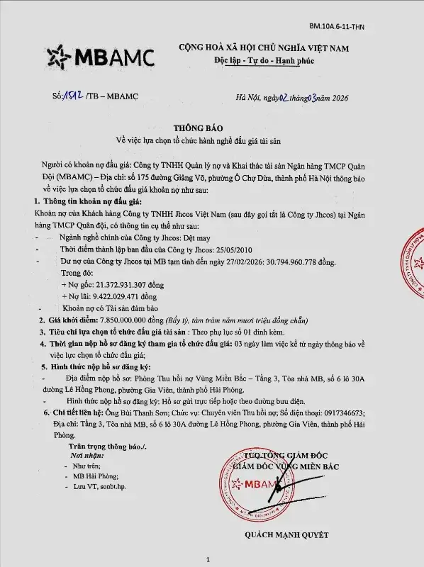 Ảnh chụp văn bản thông báo, trang 1